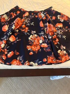 ModCloth Myrtlewood Women's Navy Floral A-Line Skirt with Orange Rose Print